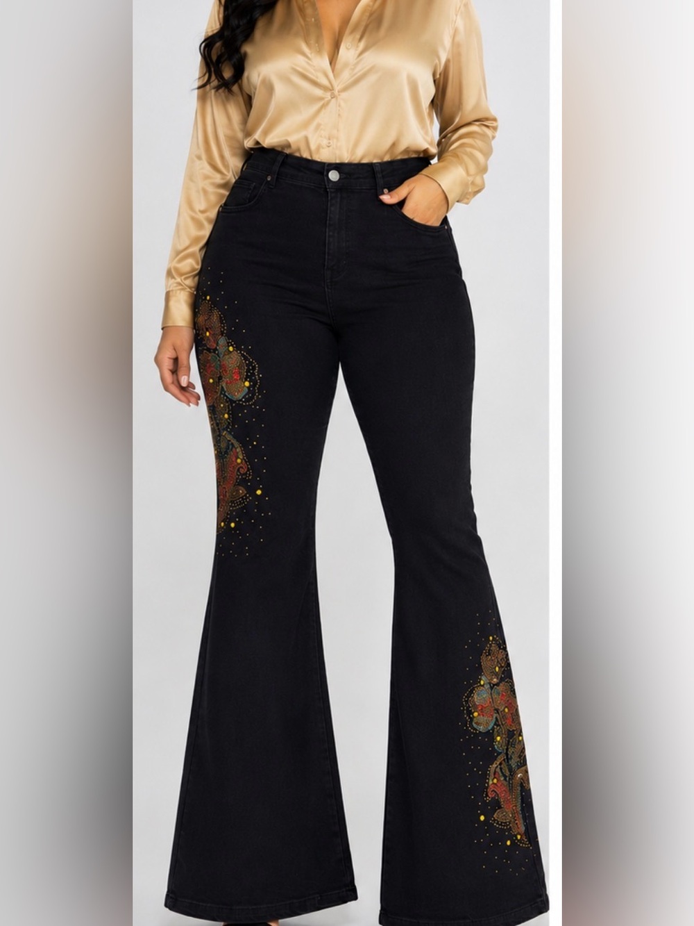 Black Shimmer Design On Flare Legs Jeans L New Without Tag. Tall Friendly.